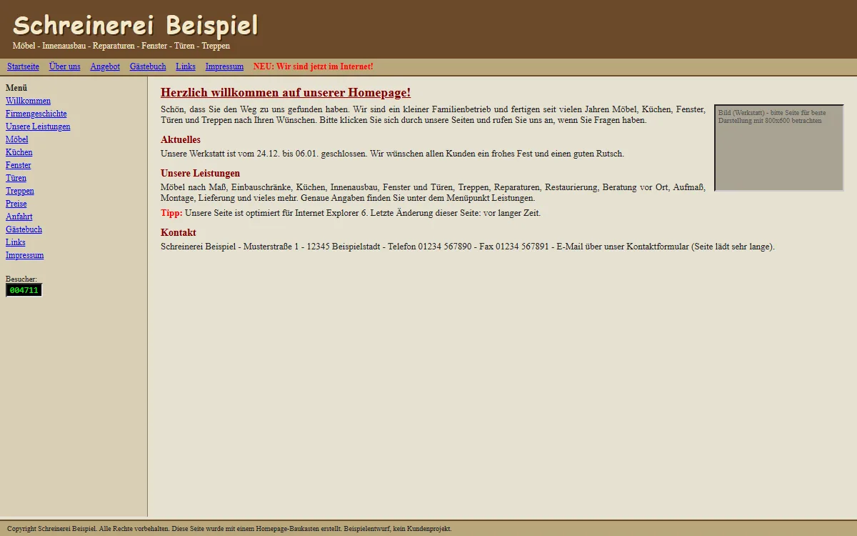 Beispiel einer veralteten Firmenwebsite mit Tabellenlayout, Besucherzähler und kleiner Schrift, erfundener Betrieb Schreinerei Beispiel