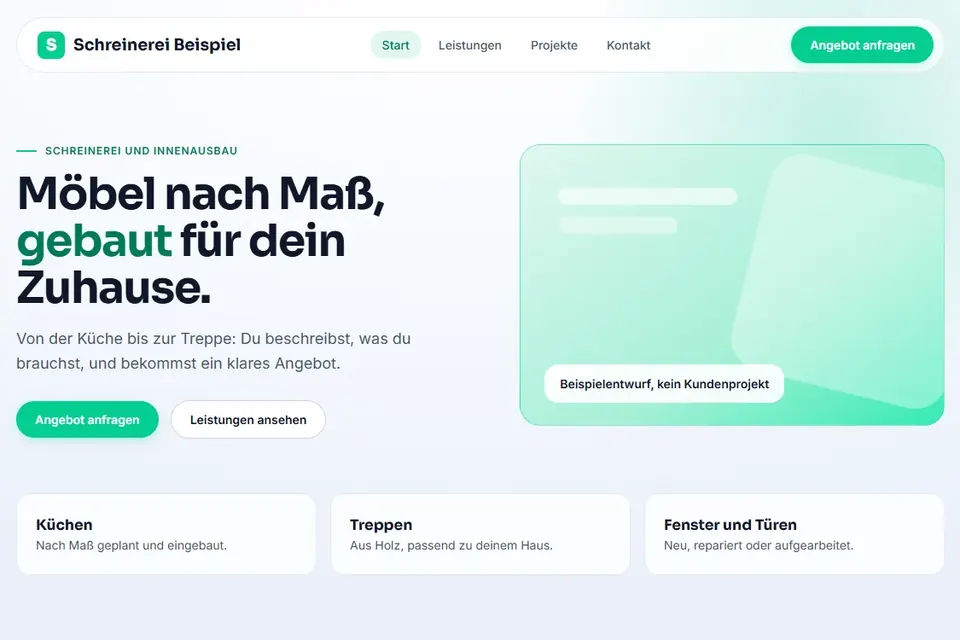 Beispielentwurf einer Startseite für den erfundenen Betrieb Schreinerei Beispiel, kein Kundenprojekt