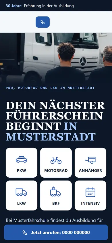 Entwurf einer Fahrschul-Website am Handy, Name und Kontaktdaten durch Platzhalter ersetzt