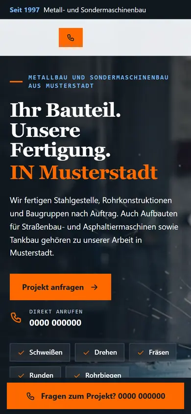 Entwurf einer Metallbau-Website am Handy, Name und Kontaktdaten durch Platzhalter ersetzt