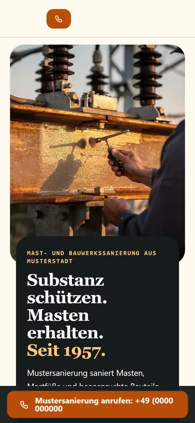 Entwurf einer Website für einen Sanierungsbetrieb am Handy, Name und Kontaktdaten durch Platzhalter ersetzt