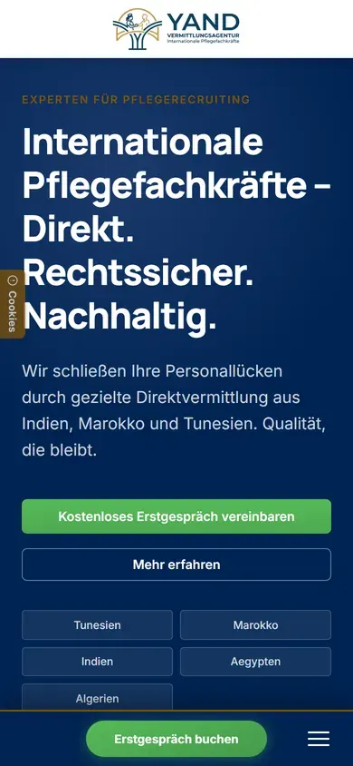 Website von Yand Vermittlungsagentur am Handy